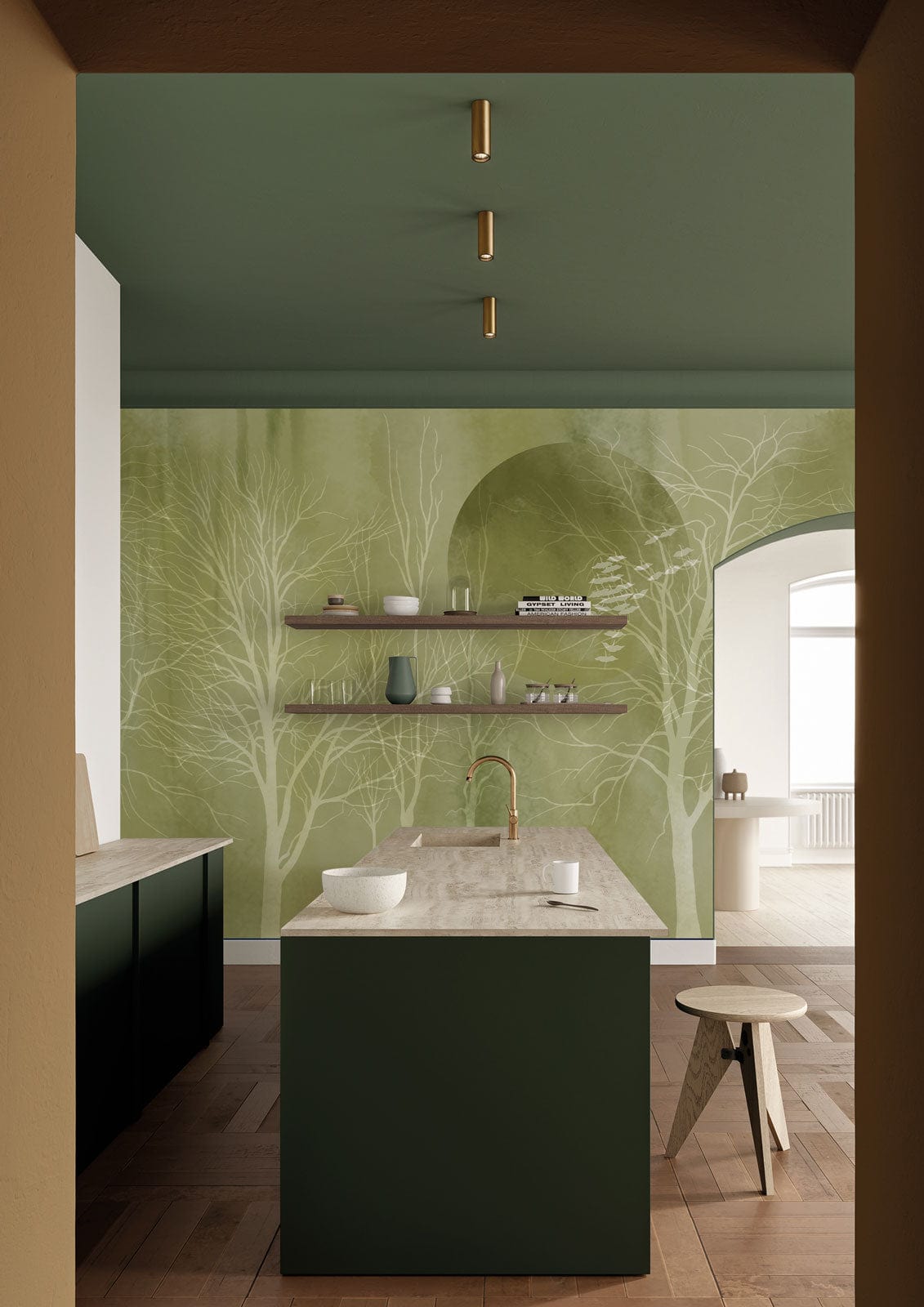 Enchanting Green Forest Mist Mural Wallpaper in modern kitchen with green cabinetry, wooden flooring, minimalist decor.