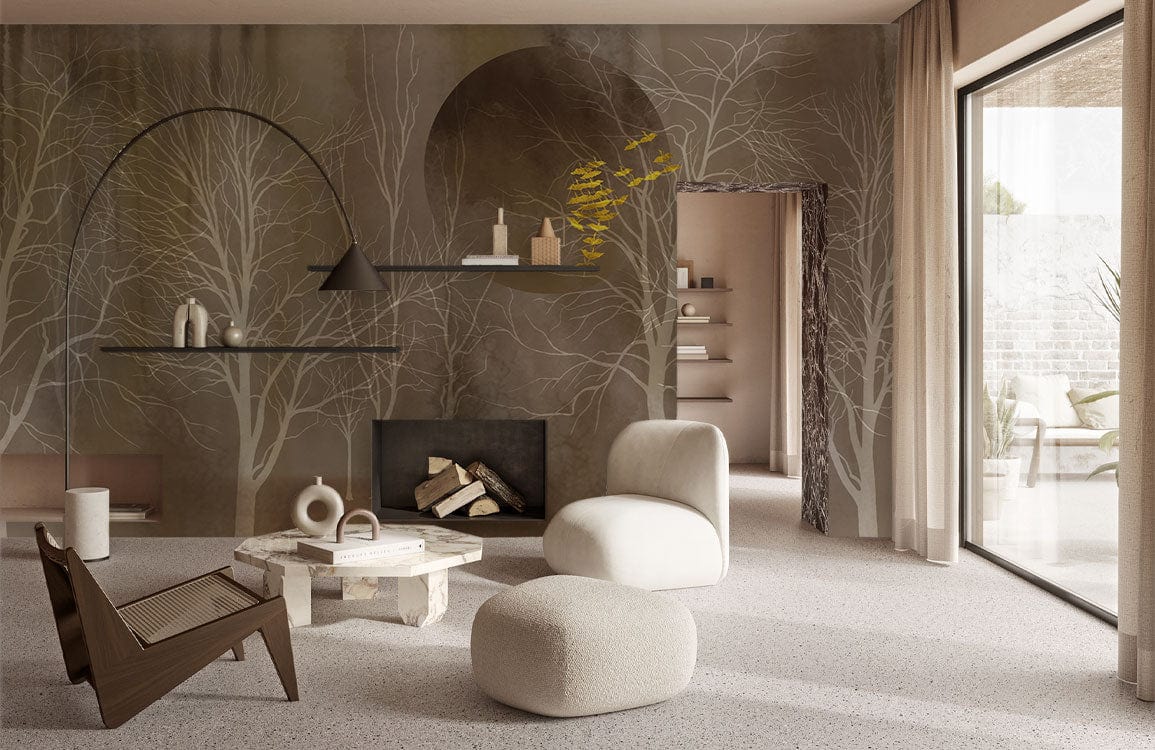 Golden Autumn Forest Mural Wallpaper in living room; elegant neutral sofas, stone coffee table, hardwood chair.