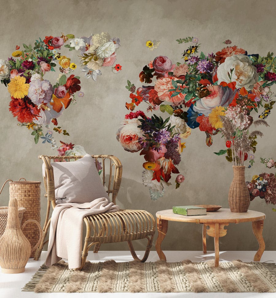 Elegant Floral World Map Mural Wallpaper, vintage earthy tones, wicker chair, rustic coffee table, rug.