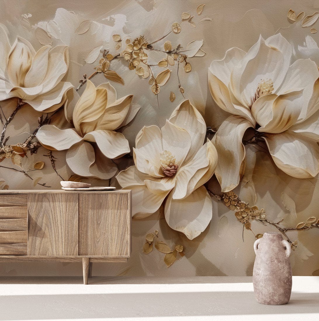 Elegant beige floral mural wallpaper with delicate blossoms, wooden sideboard, vase, in a modern room.