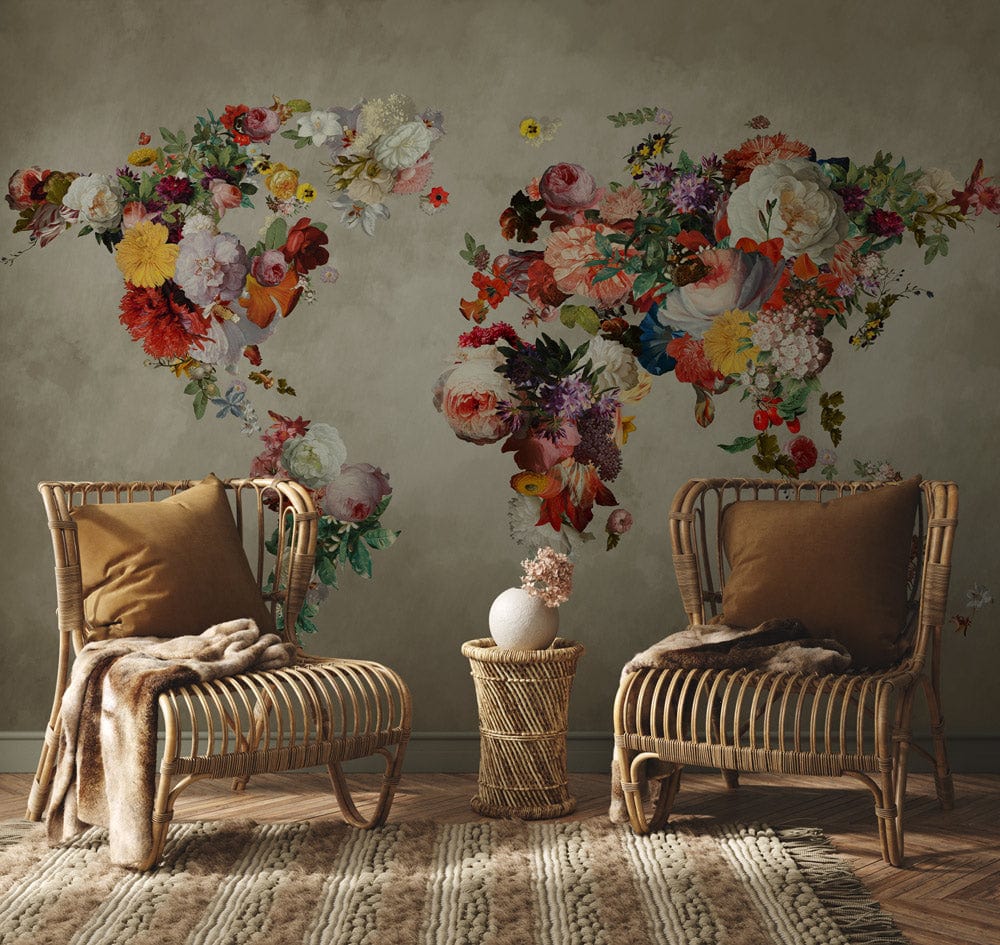 Elegant floral world map wallpaper with rattan chairs, warm earthy tones, and cosy textured rug.