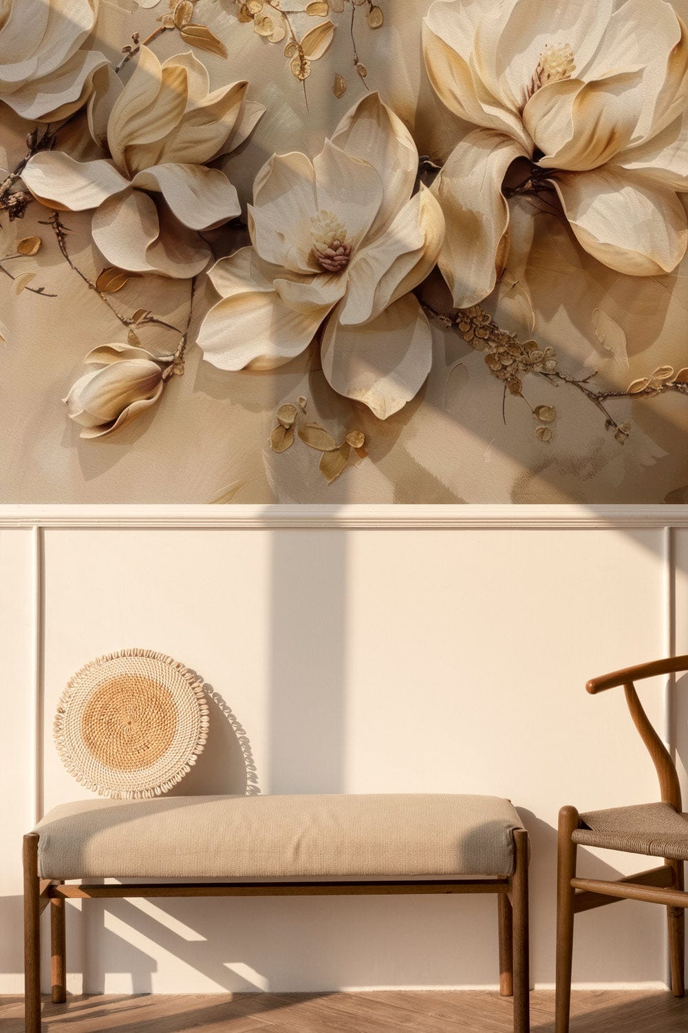 Elegant beige floral mural wallpaper in living room with wooden bench, chair, and wood flooring.