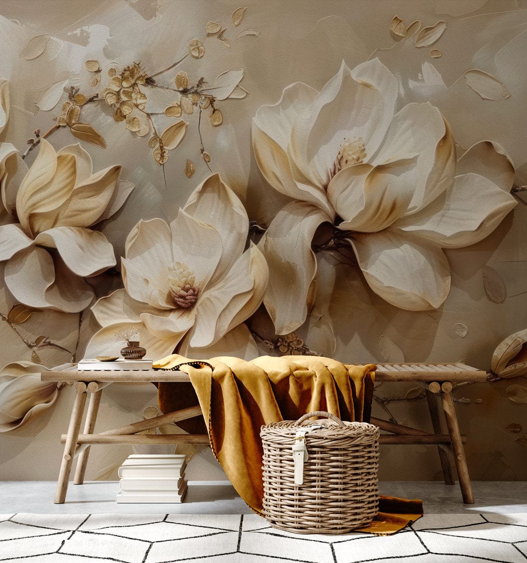 Elegant beige floral mural wallpaper with delicate blossom, wooden bench, wicker basket, hexagonal flooring.