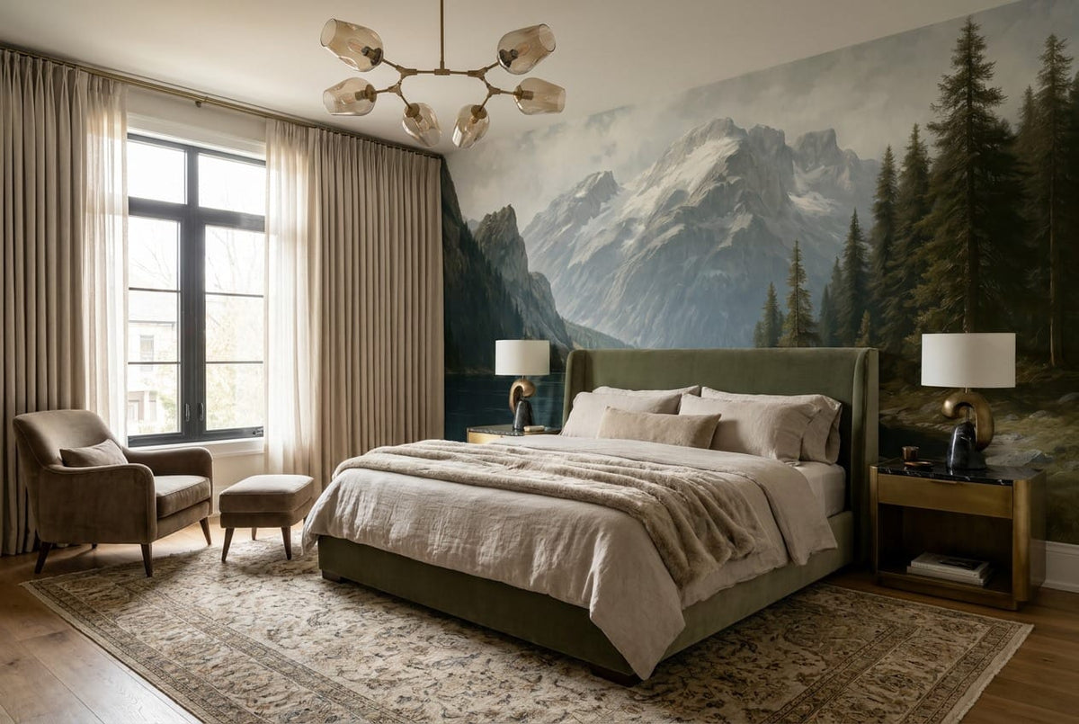 Alpine Pine Forest Mountain Lake Wallpaper Mural in sky