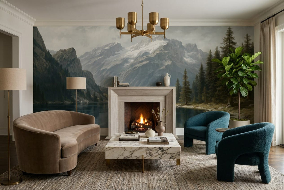 Alpine Pine Forest Mountain Lake Wallpaper Mural in sky