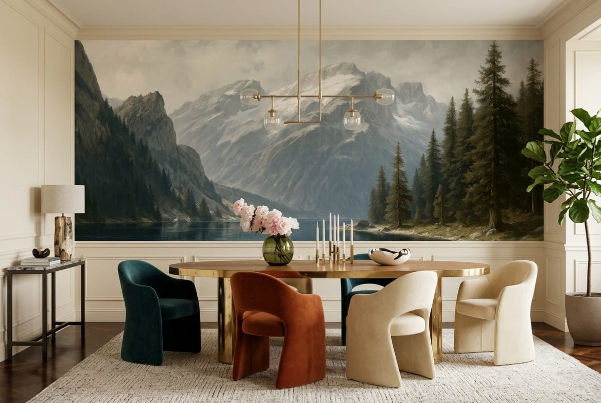 Alpine Pine Forest Mountain Lake Wallpaper Mural in sky