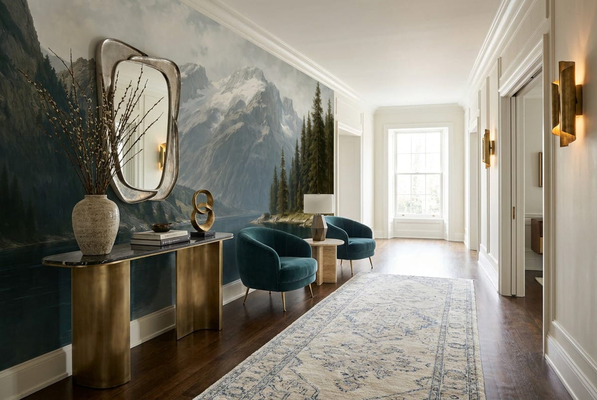 Alpine Pine Forest Mountain Lake Wallpaper Mural in sky