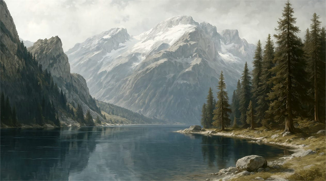 Alpine Pine Forest Mountain Lake Wallpaper Mural in sky