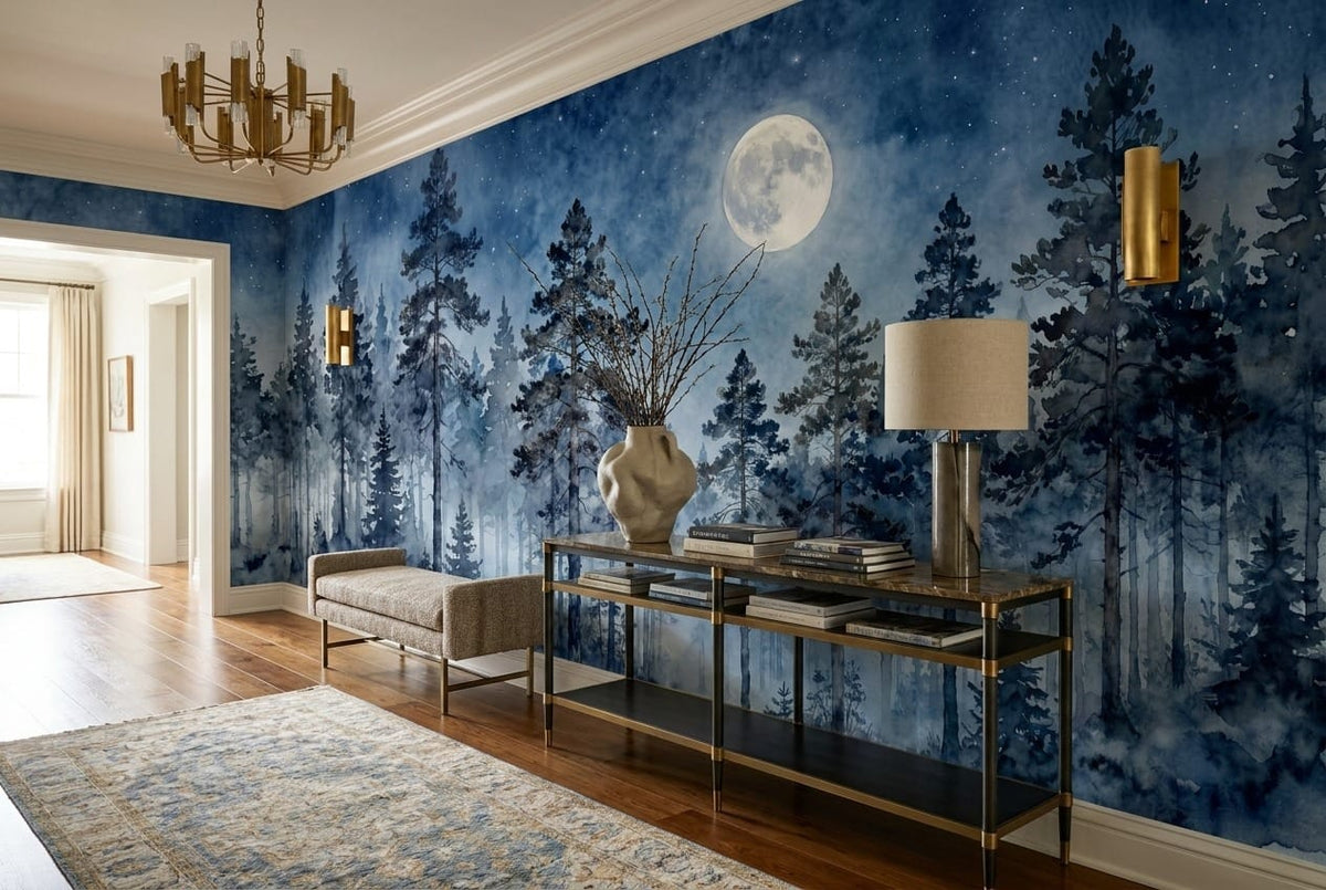 Indigo Sky Peaceful Nordic Night Forest Wallpaper Mural in sky