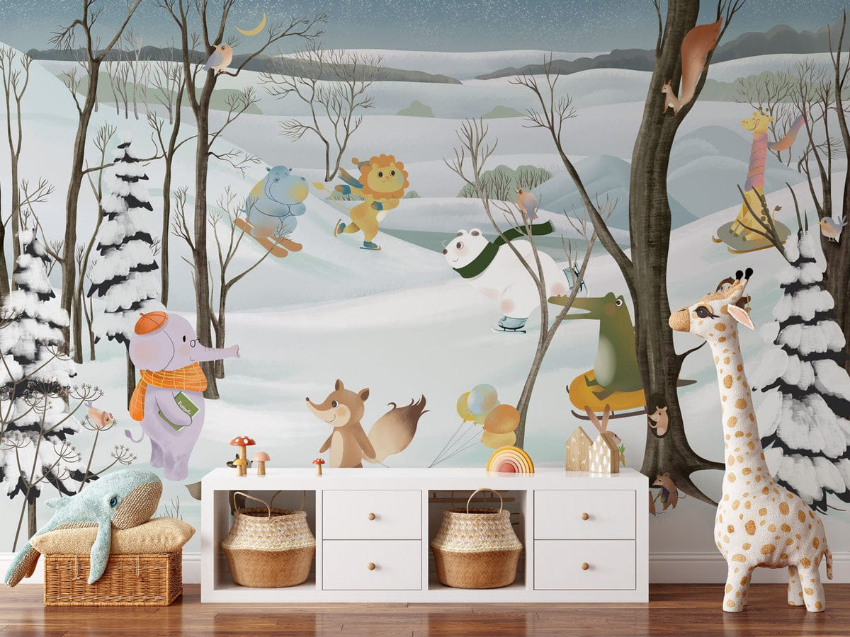 Winter Wonderland Animal Friends Mural: Whimsical snowy forest scene, children's room, white dresser, wooden flooring.