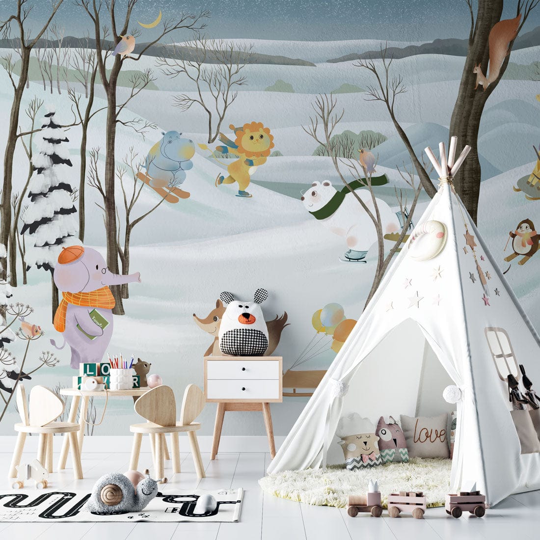 Winter Wonderland Animal Friends Mural Wallpaper in playful snowy forest nursery with white teepee tent.