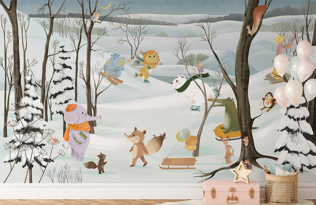Whimsical snowy forest mural with playful animals, softwood flooring, charming nursery decor, Winter Wonderland Wallpaper.