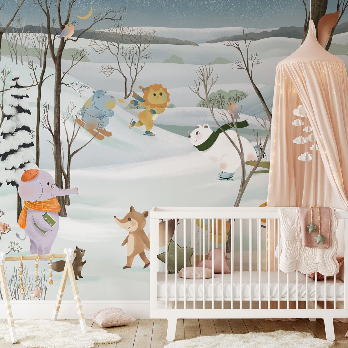 Winter Wonderland mural with animals, nursery, white cot, canopy, wooden floor, snowy forest theme.