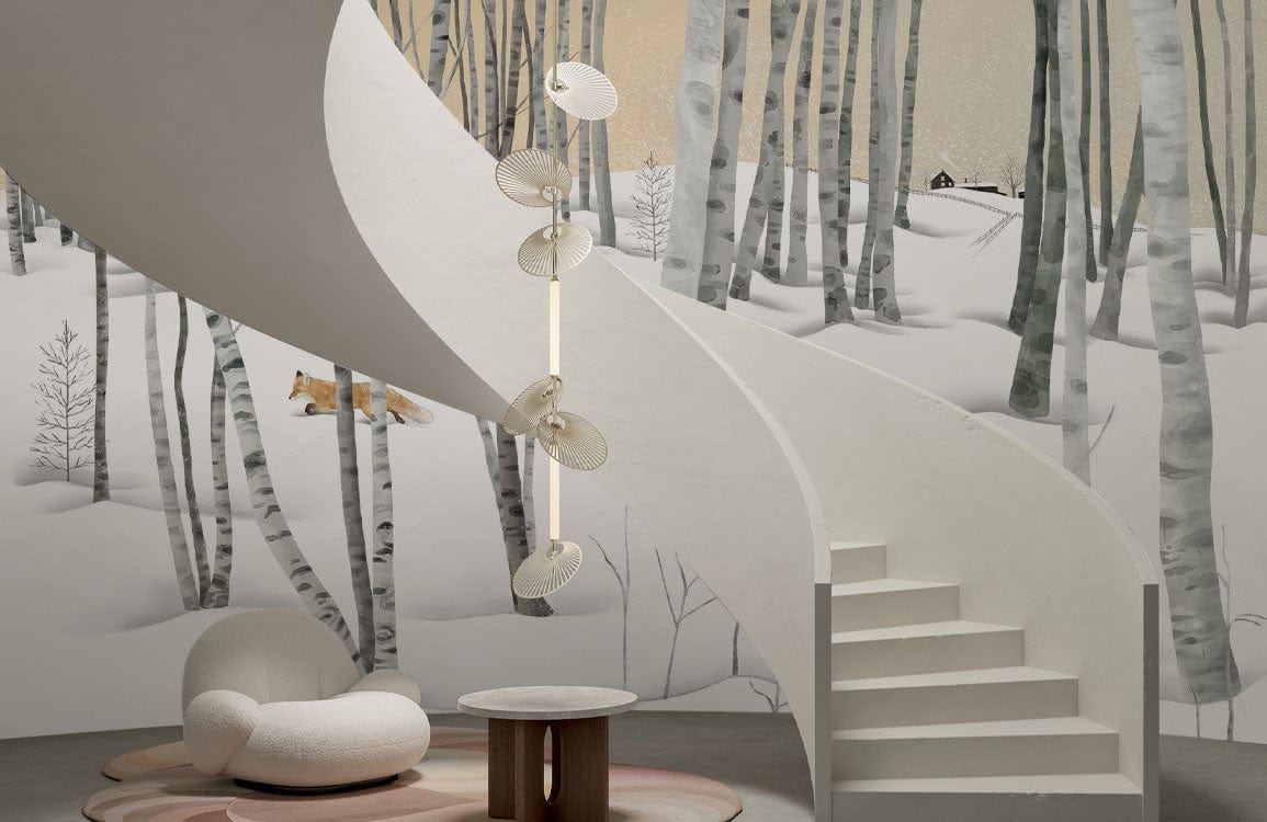 Winter mural wallpaper, fox, birch forest, spiral stairs, modern cream chair, stylish round table, hallway.