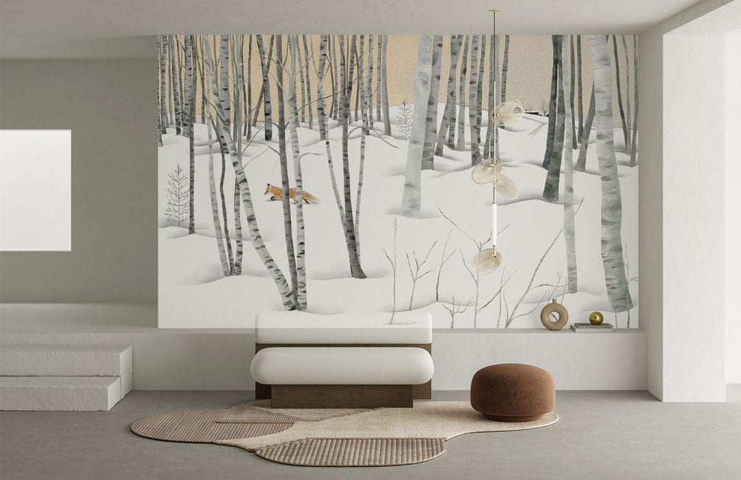 Winter Wonderland Birch Forest mural wallpaper with fox, contemporary matte white walls, elegant living room sofa.