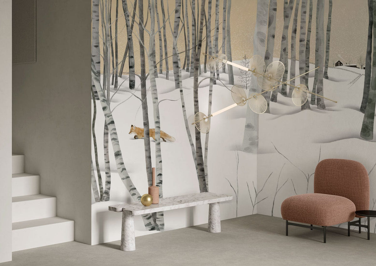 Winter Wonderland Birch Forest Mural Wallpaper in living room with beige chair, modern grey flooring, stairs.