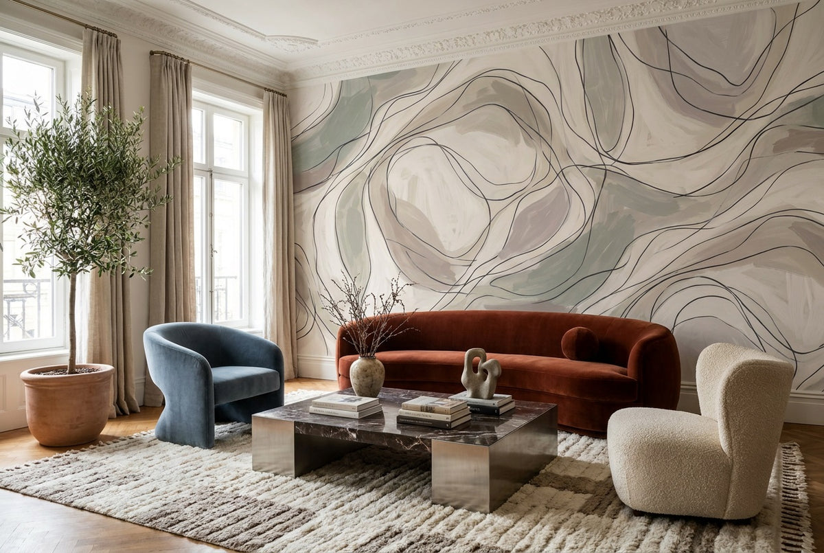 stick on custom beige line art living room wallpaper mural removable non woven vinyl