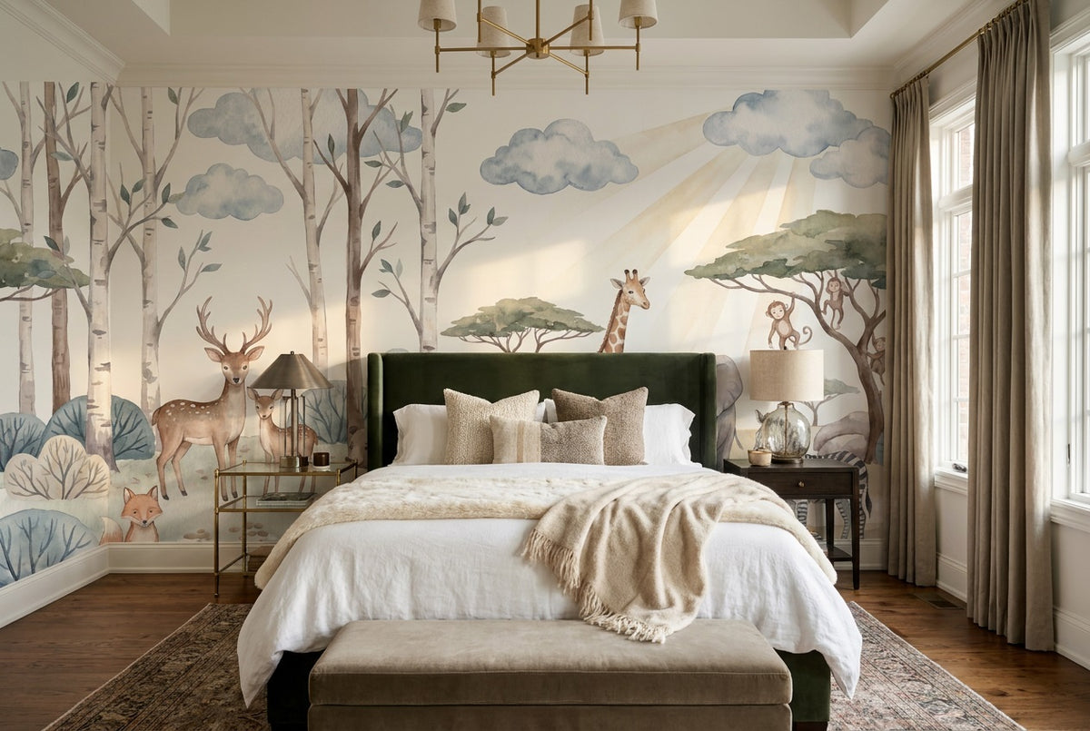 stick on custom blue forest safari bedroom wallpaper mural removable non woven vinyl