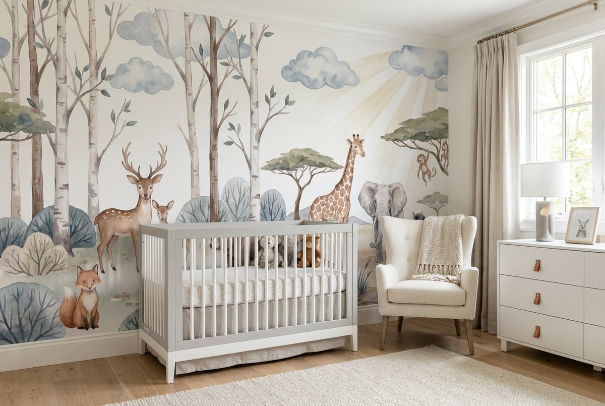 stick on custom blue forest safari nursery wallpaper mural removable non woven vinyl