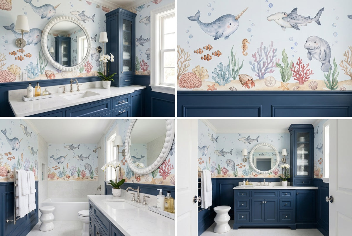 stick on custom blue narwhal bathroom wallpaper mural removable non woven vinyl views