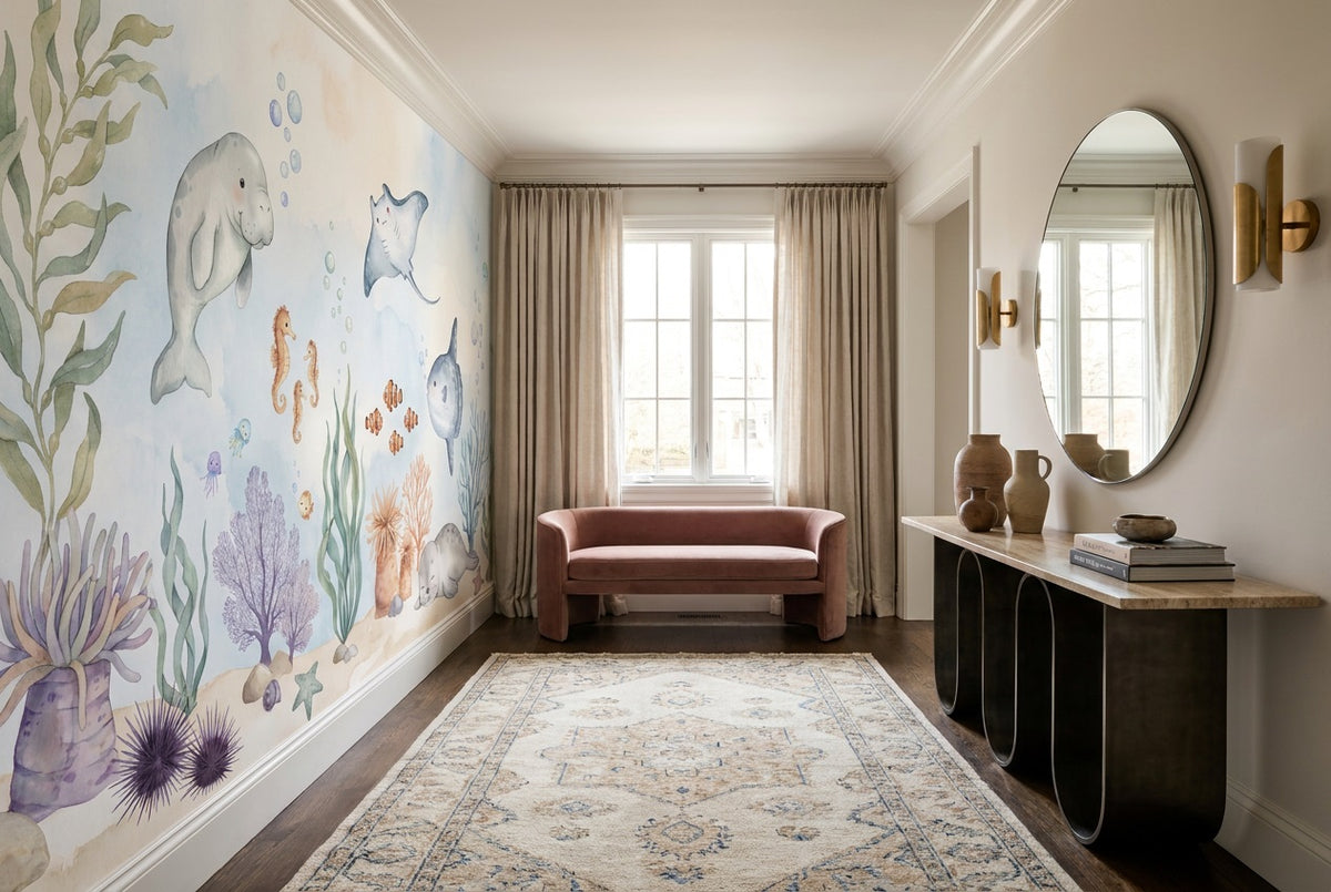 stick on custom blue ocean animals hallway wallpaper mural removable non woven vinyl