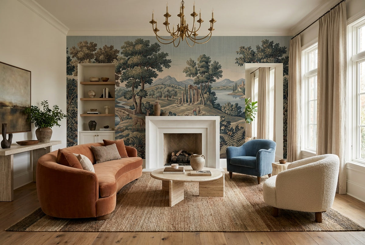 stick on custom blue tapestry forest lounge wallpaper mural removable non woven vinyl