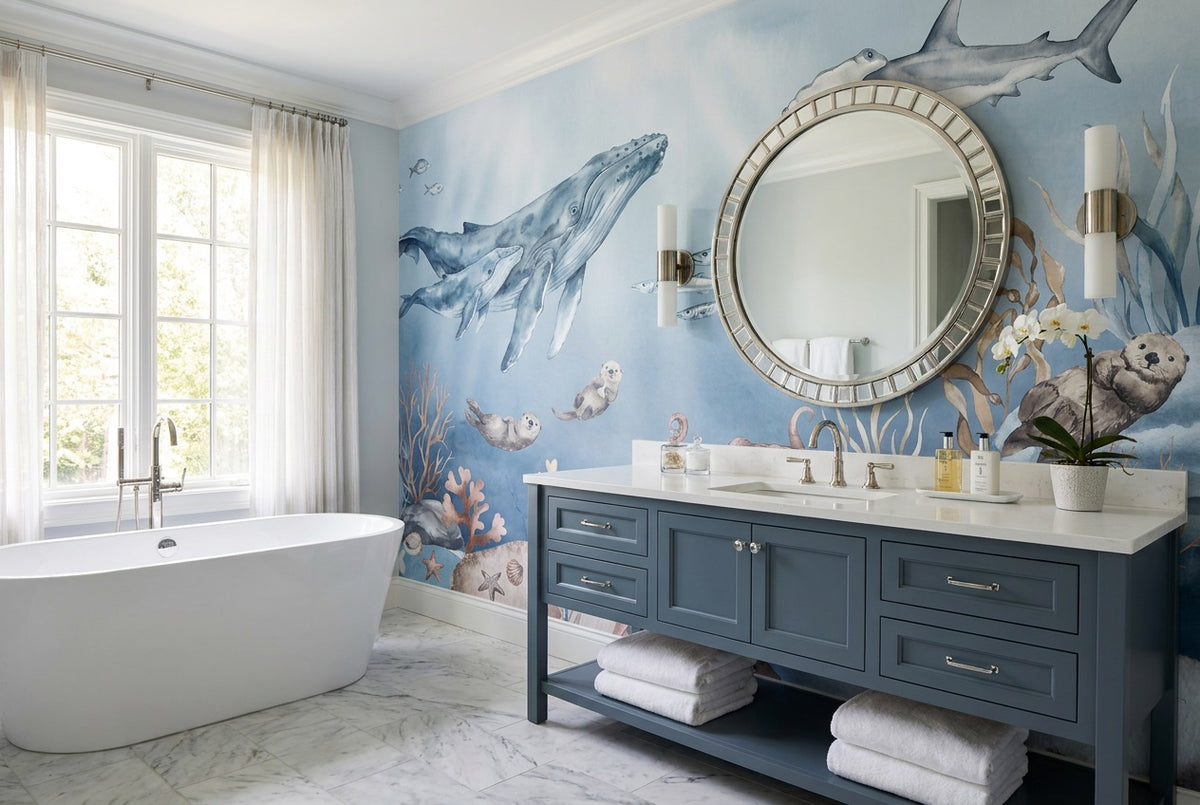 stick on custom blue whale reef bathroom wallpaper mural removable non woven vinyl