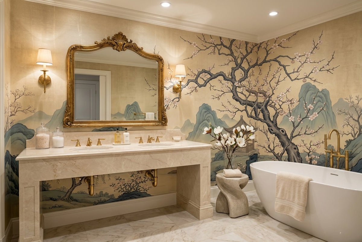 stick on custom gold mountain lake bathroom wallpaper mural removable non woven vinyl