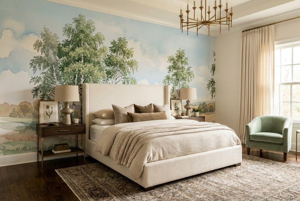 stick on custom green birch bedroom wallpaper mural removable non woven vinyl