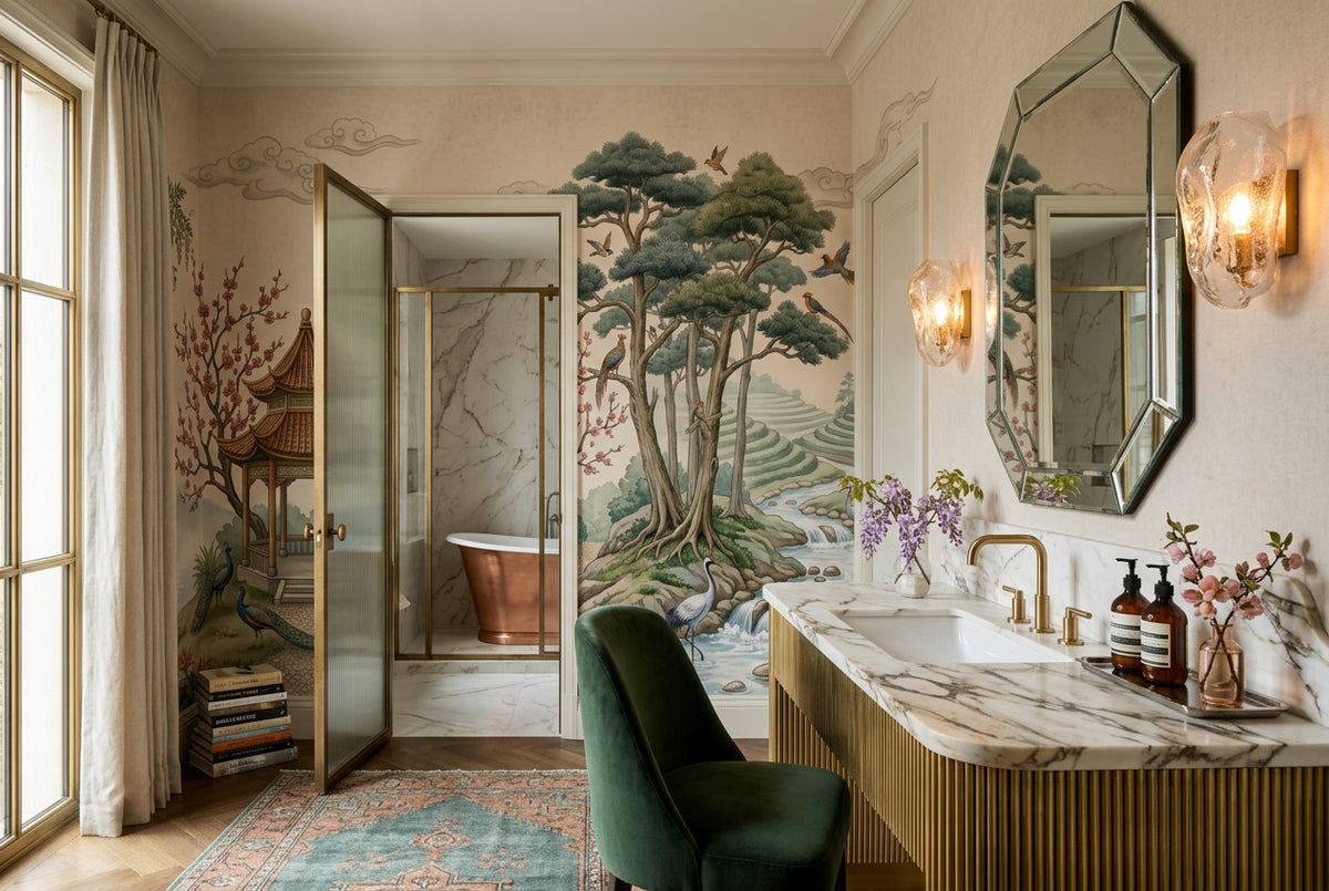 stick on custom green pine pavilion bathroom wallpaper mural removable non woven vinyl
