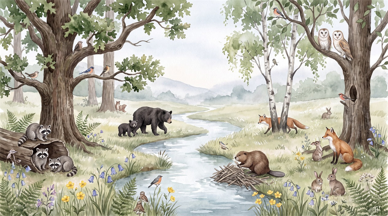 Green Woodland Animal Stream Wallpaper Mural