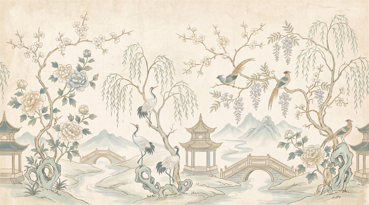 Ivory Willow And Pavilion Landscape Wallpaper Mural