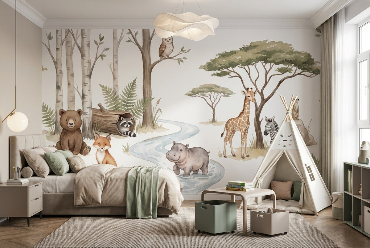stick on custom ivory woodland safari kids wallpaper mural removable non woven vinyl