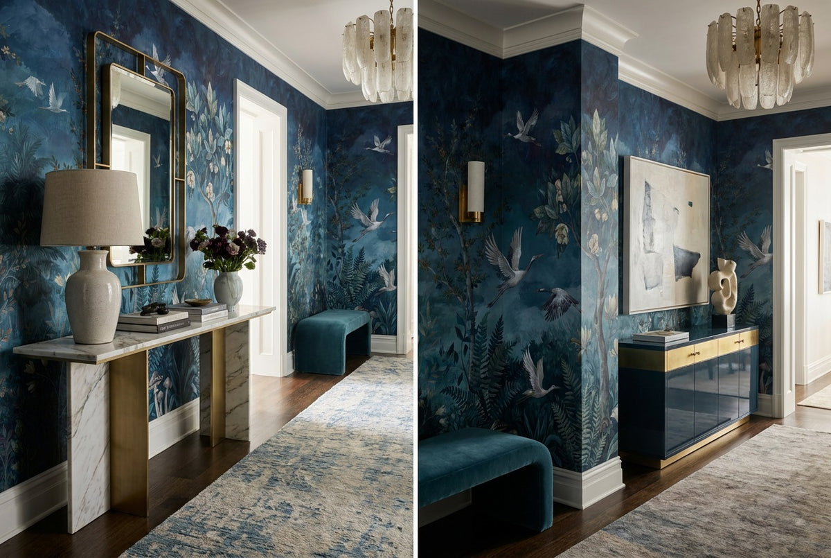stick on custom navy birds hallway wallpaper mural removable non woven vinyl views