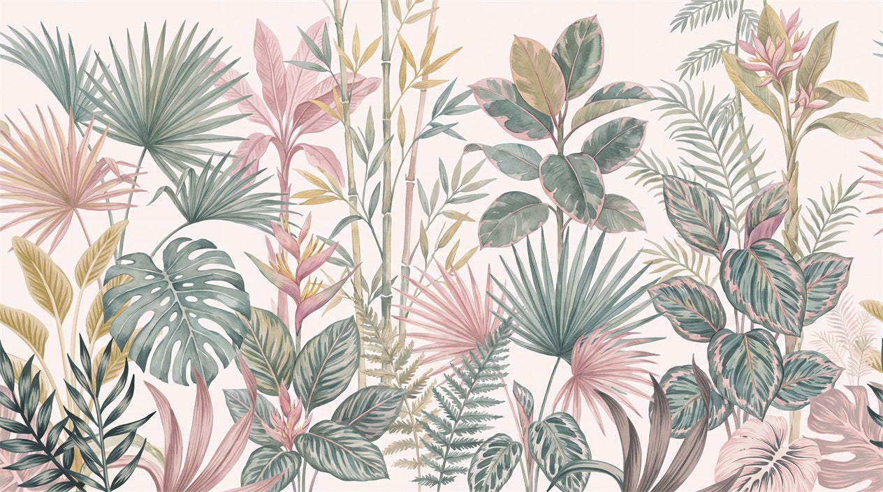 Pink And Green Tropical Leaves Wallpaper Mural