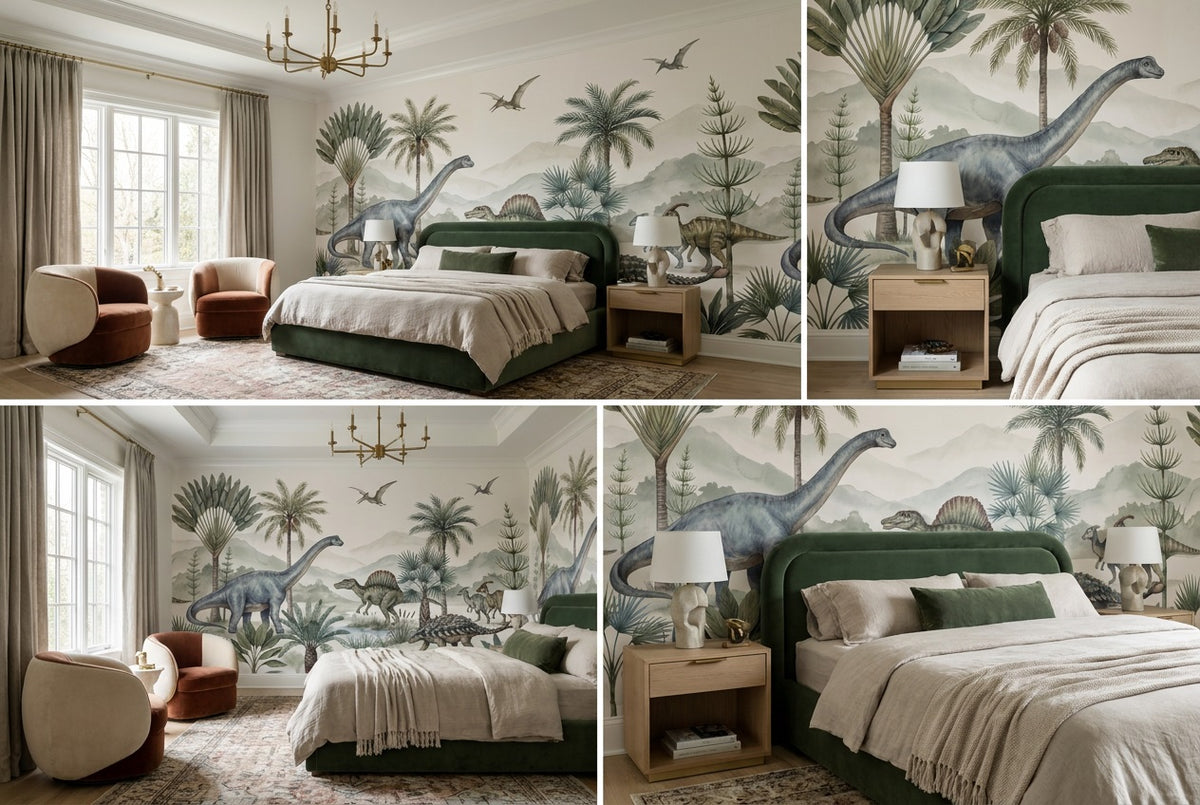 stick on custom sage dinosaur bedroom wallpaper mural removable non woven vinyl views