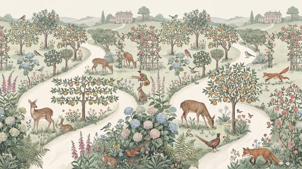 English Garden Deer and Winding Paths Wallpaper Mural