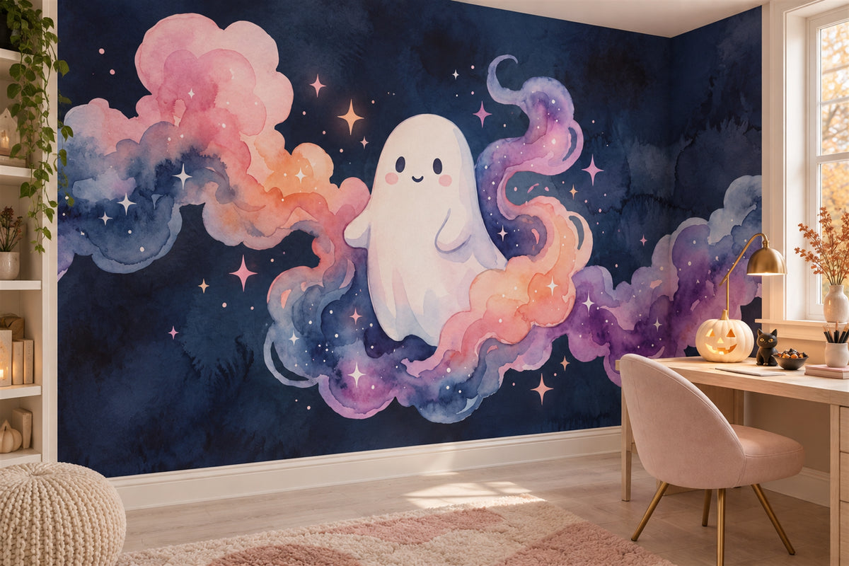 study cute pink ghost custom non woven vinyl self adhesive removable wallpaper mural