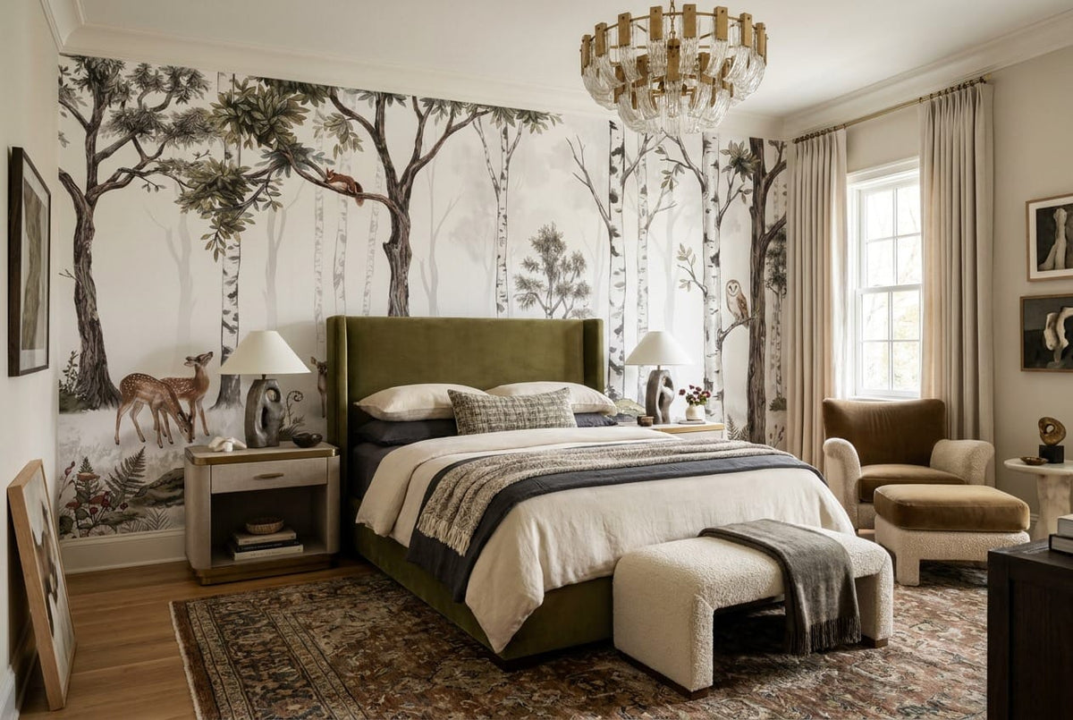 Natural Tan Watercolor Nordic Birch Forest Wallpaper Mural in tan