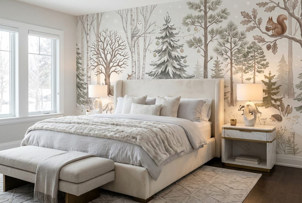 Warm Tan Cozy Nordic Winter Forest Wallpaper Mural in tan