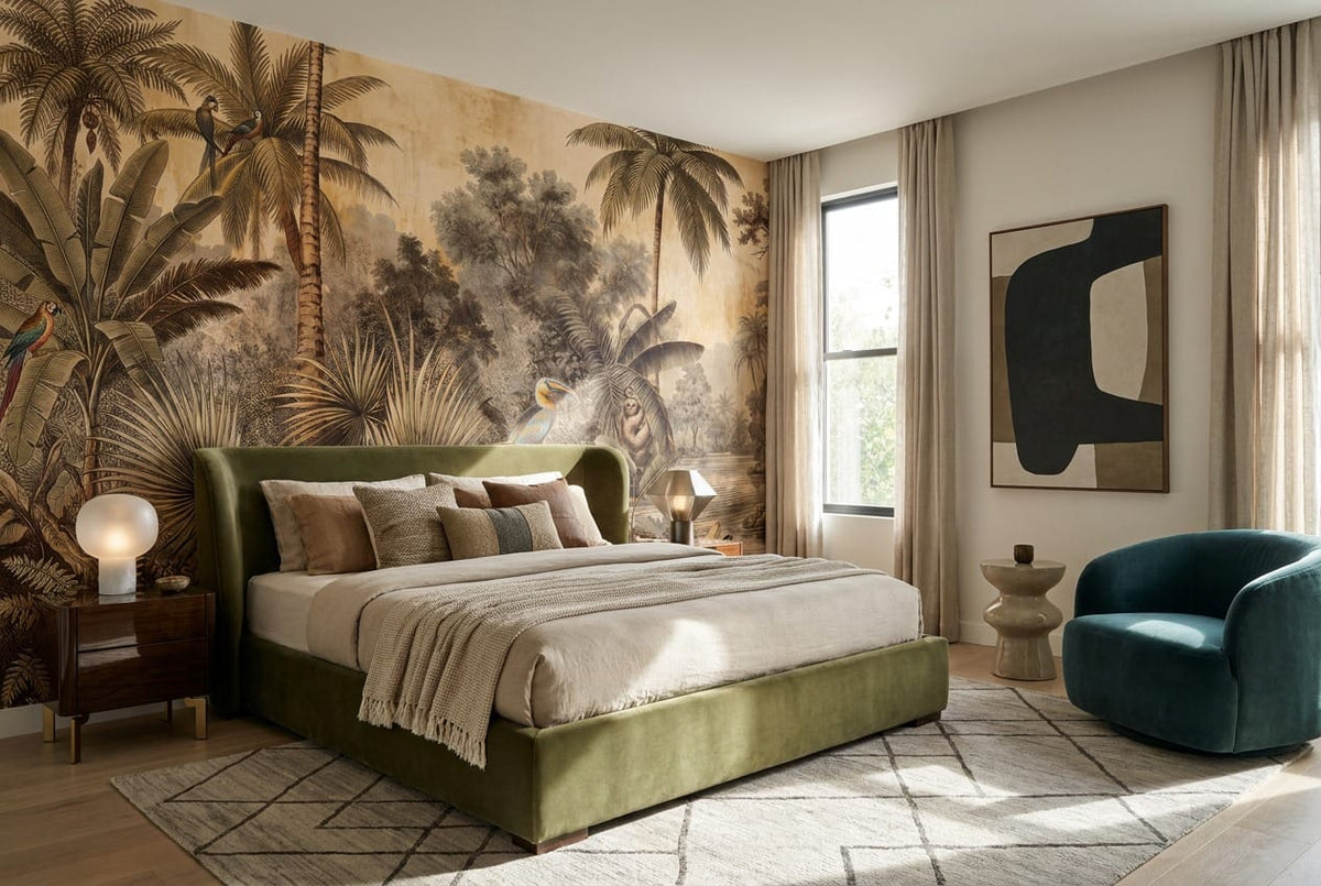 Warm Tan Botanical Tropical Rainforest Wallpaper Mural scene image