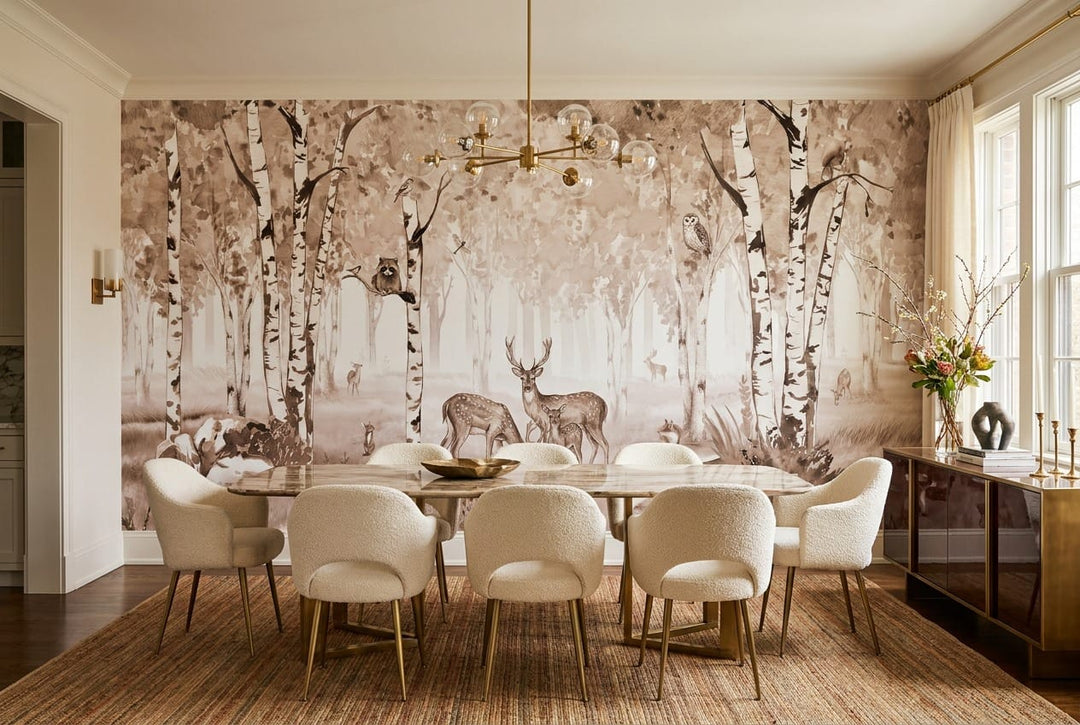 Warm Tan Woodland Nordic Birch Forest Wallpaper Mural in tan