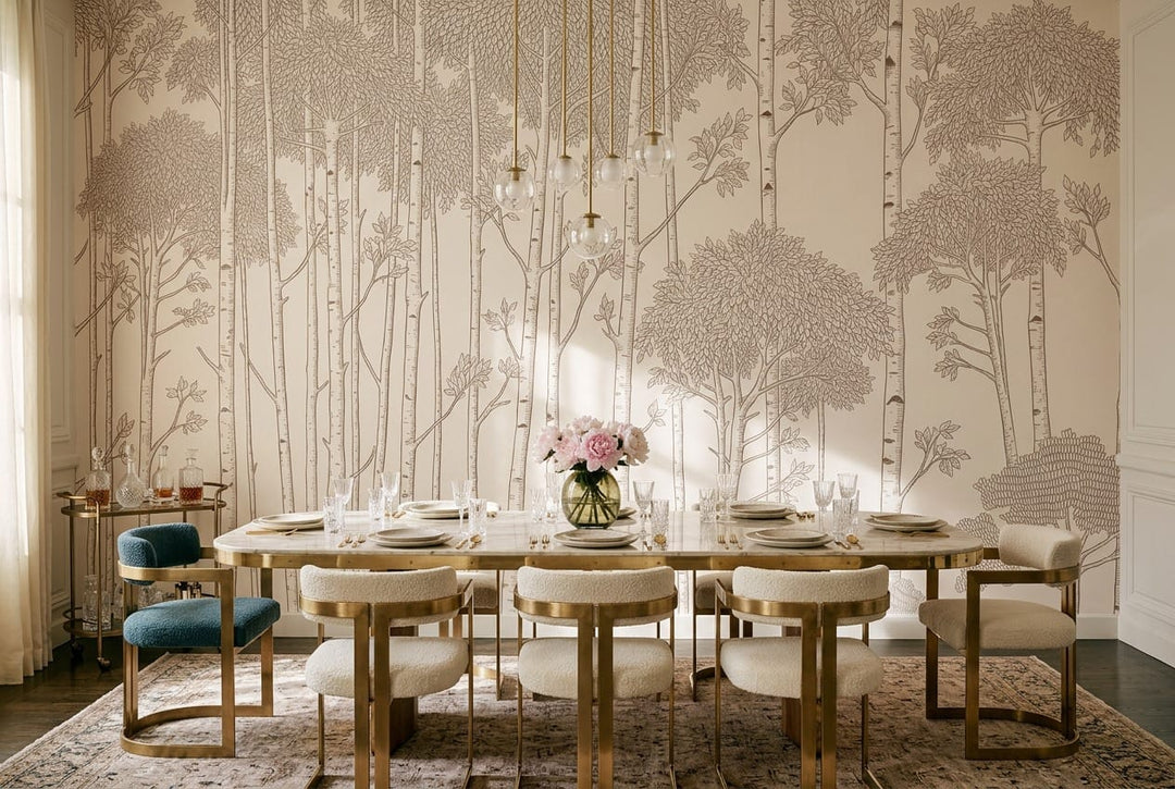 Winter Tan Landscape Nordic Birch Forest Wallpaper Mural in tan