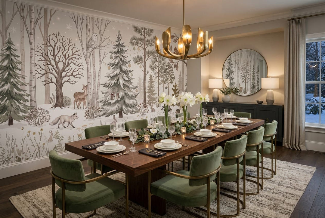 Warm Tan Cozy Nordic Winter Forest Wallpaper Mural in tan