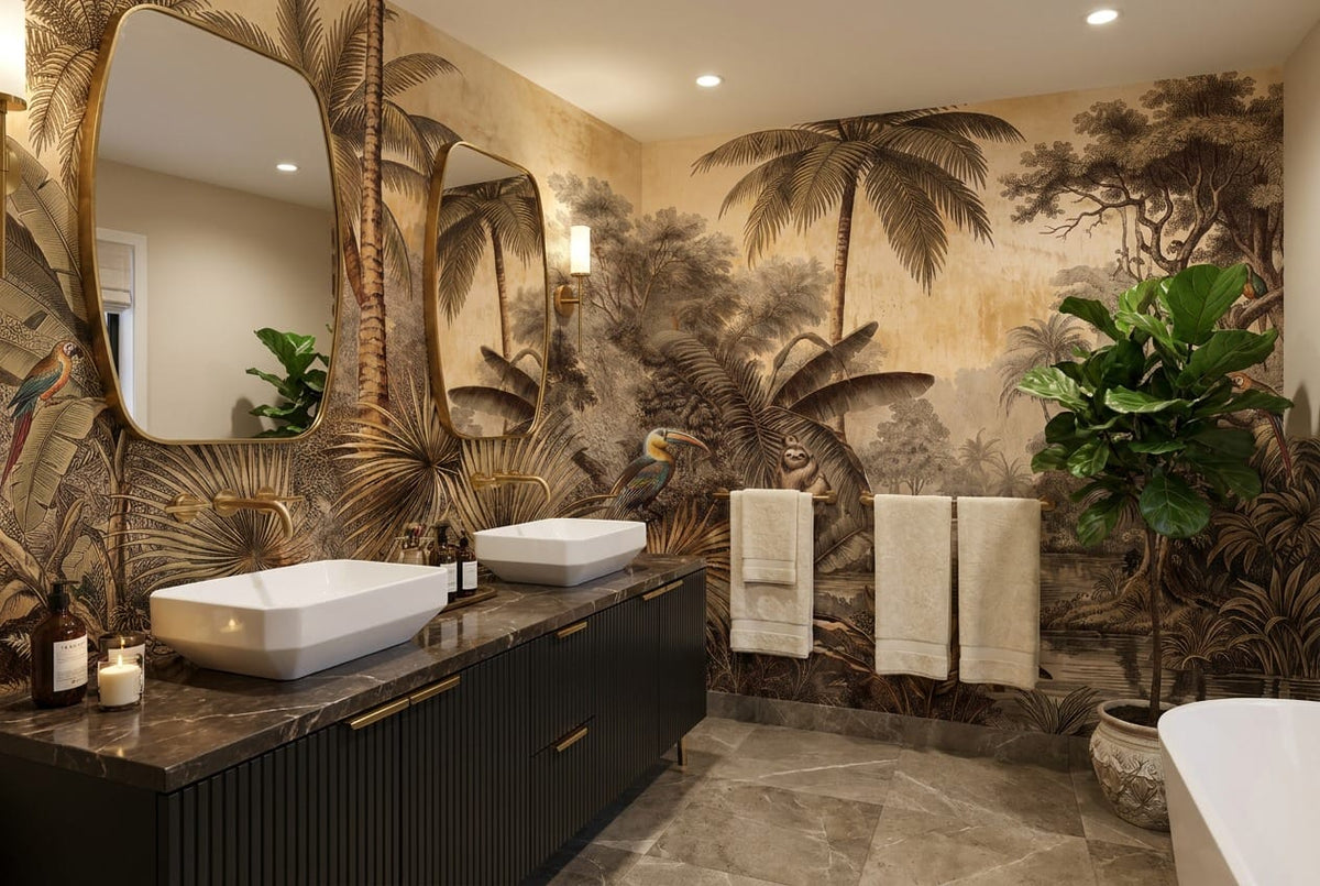 Warm Tan Botanical Tropical Rainforest Wallpaper Mural scene image