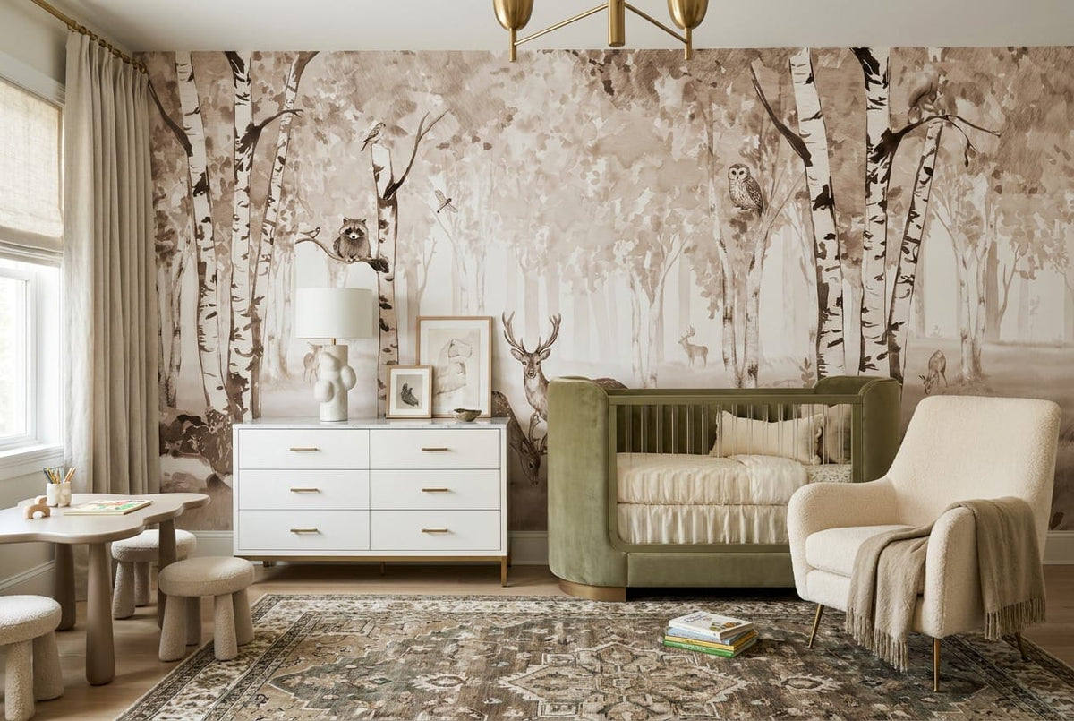 Warm Tan Woodland Nordic Birch Forest Wallpaper Mural in tan
