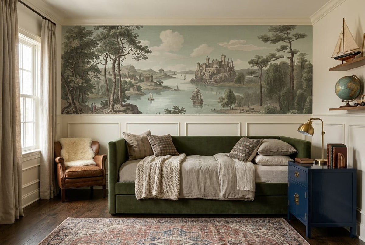 Vintage Castle Sailing Lake Scenic Wallpaper Mural in tan