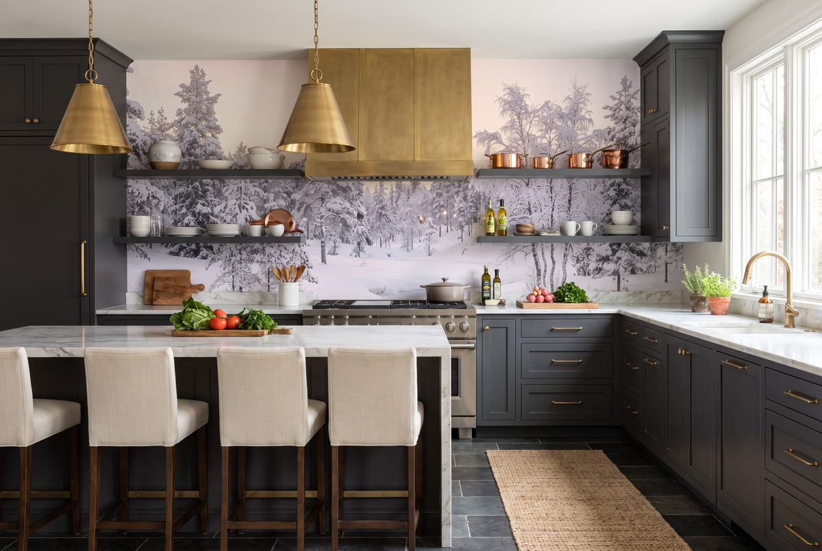 Silver Tan Frosted Nordic Winter Forest Wallpaper Mural in tan