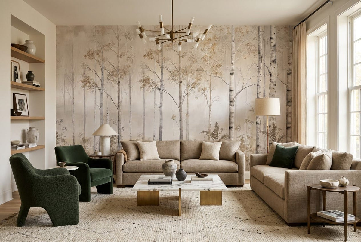 Neutral Tan Modern Nordic Birch Forest Wallpaper Mural in tan