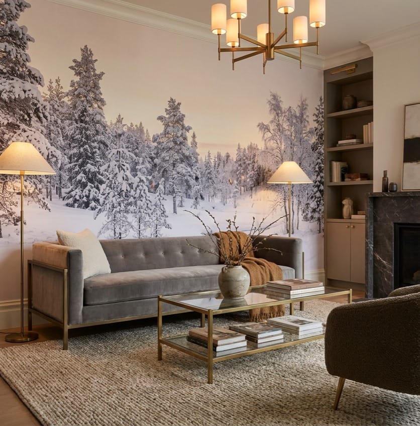 Silver Tan Frosted Nordic Winter Forest Wallpaper Mural in tan